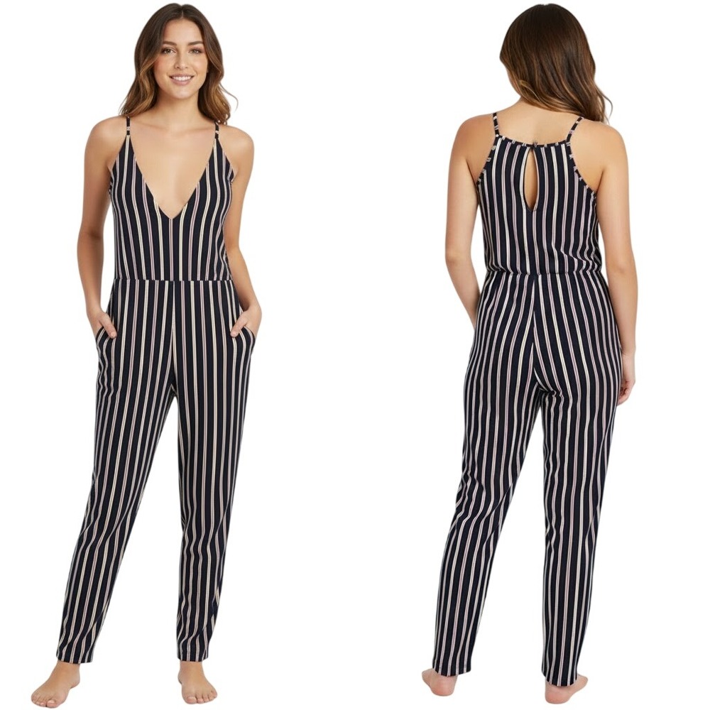 BCBGeneration Jumpsuit S Purple Drape‎ Pocket Striped Deep V-Neck Modern Chic